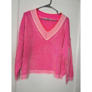 Generation K Neon Pink White Striped‎ V Neck Knit Sweater Top Women's Medium